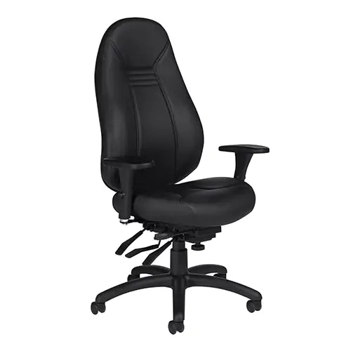Front view of the black bonded leather Global ObusForme Comfort 1240-3 high back multi-tilter ergonomic office chair with adjustable G3 armrests