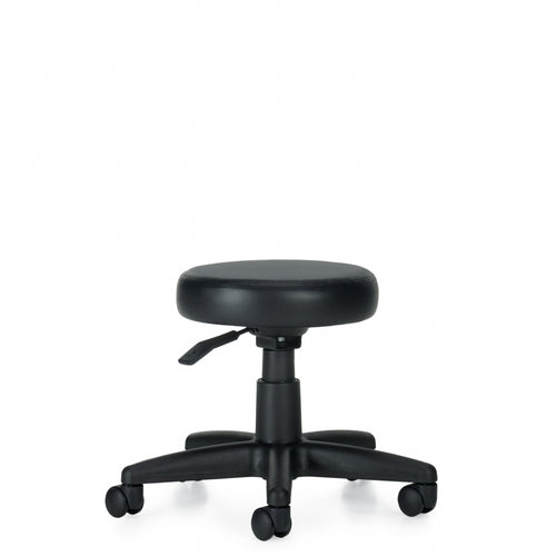 Side profile view of the Offices to Go MVL1105 rolling office stool highlighting the pneumatic under-seat lever controls