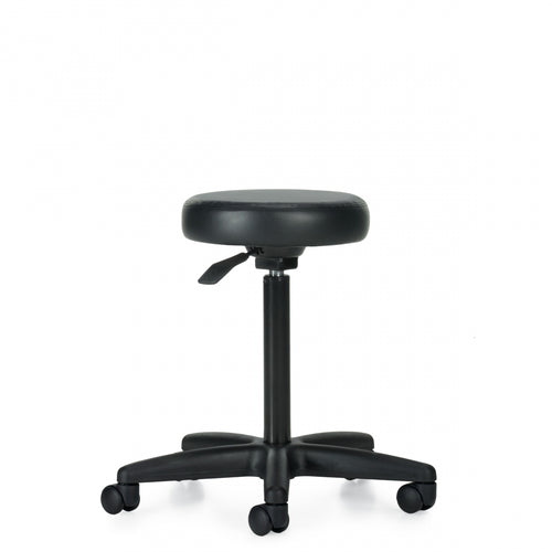 Side profile view of the Offices to Go MVL1110 rolling office stool highlighting the pneumatic under-seat lever controls