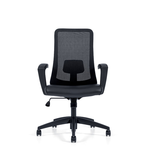 Front view of the Offices to Go Adapt MVL11725 high back mesh office chair in black, showing the slim architectural mesh backrest and open loop arms.