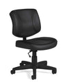 Front view of the black LuxPlus vinyl Offices to Go Yoho MVL2786 armless low back task chair on a black 5-star wheeled base