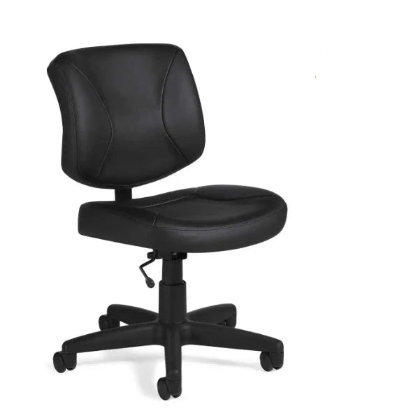 Front view of the black LuxPlus vinyl Offices to Go Yoho MVL2786 armless low back task chair on a black 5-star wheeled base