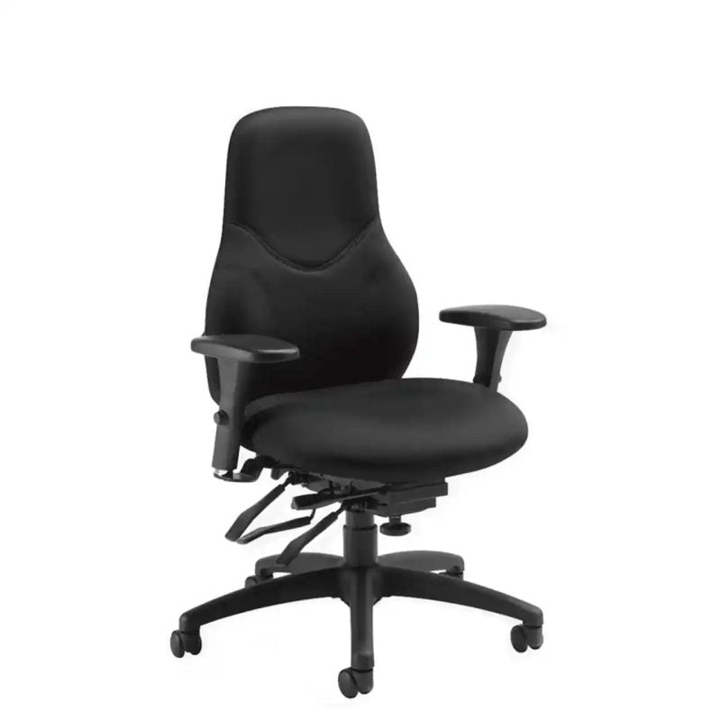 Angled view of the Fusion Carbon fabric Global Tritek 7482-3 high back multi-tilter ergonomic office chair with adjustable armrests